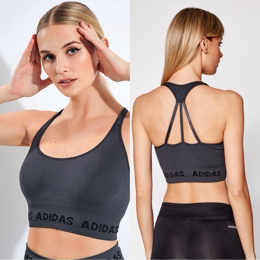 adidas Charcoal Gray Ribbed Strappy Sports Bra